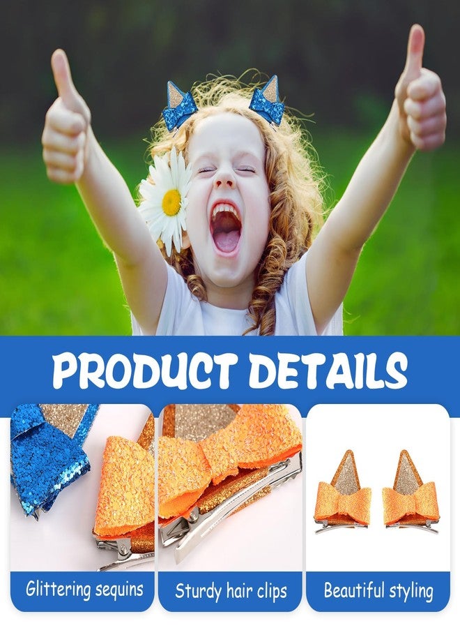 GUGUMO 4 Pcs Blue Ears Hair Clips, Glitter Hair Barrettes with Bows, Hair Pin Accessories for Girls Halloween Birthday Decorations Theme Party Supplies Cosplay (Blue & Orange) - Image 3
